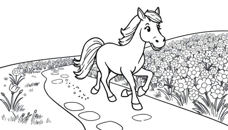 A cartoon horse coloring panel with a flowing mane and tail walking on a path with flowers.
