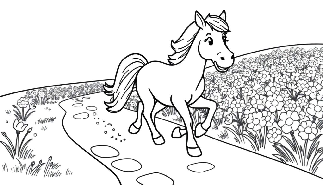A cartoon horse coloring panel with a flowing mane and tail walking on a path with flowers.