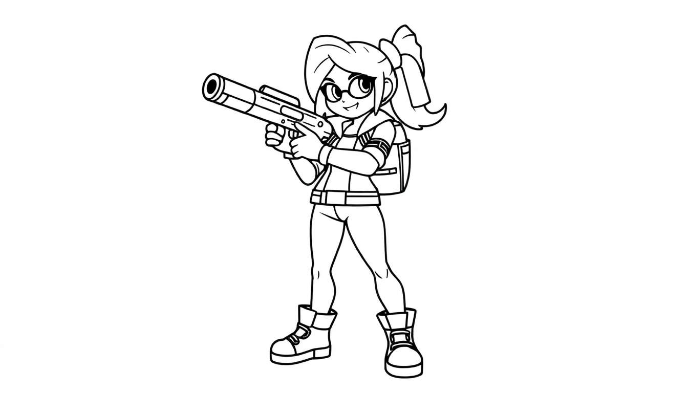 Shelly from Brawl Stars, a coloring panel, with her signature ponytail and glasses, aiming a weapon.