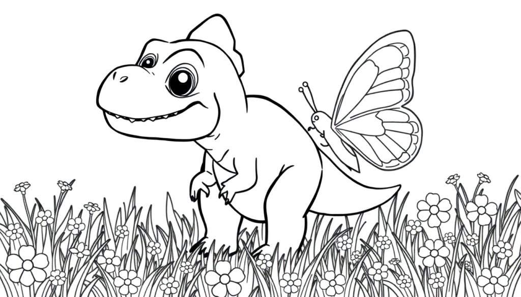 A cute baby T-Rex coloring panel with a butterfly.