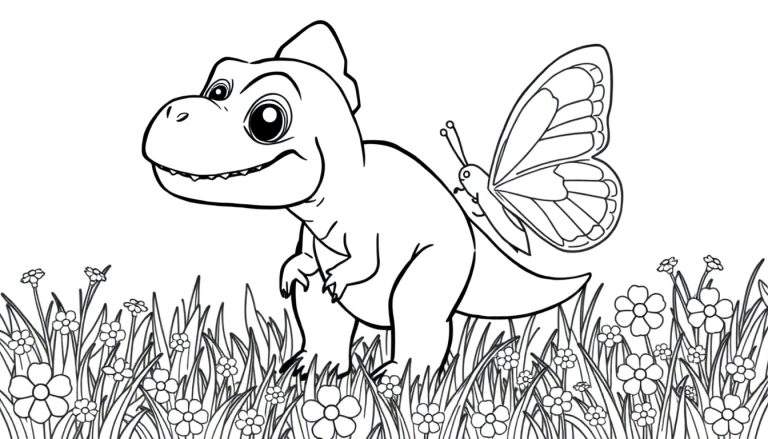A cute baby T-Rex coloring panel with a butterfly.