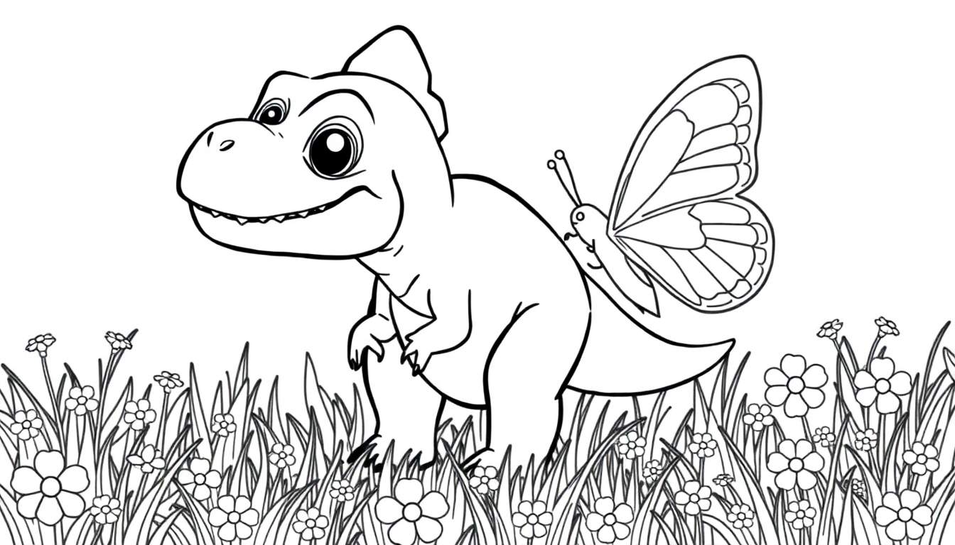 A cute baby T-Rex coloring panel with a butterfly.