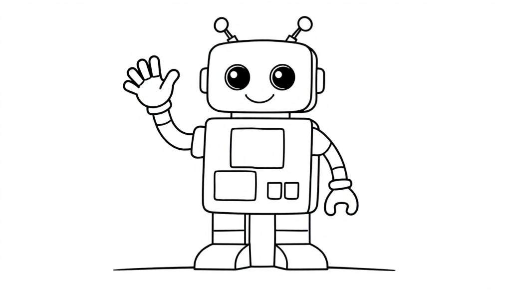A friendly robot with a square head and a smile, ready for coloring on a color panel.
