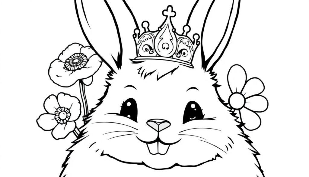 A happy, fluffy bunny wearing a crown, sitting in a field of flowers, ready for coloring.