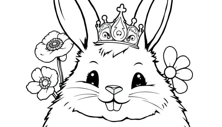 A happy, fluffy bunny wearing a crown, sitting in a field of flowers, ready for coloring.