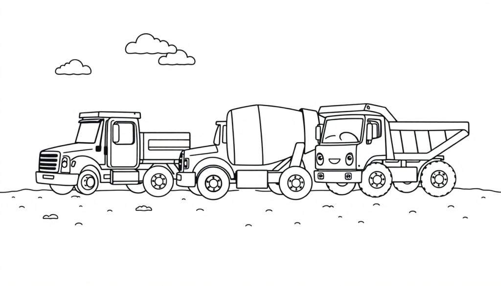 A fun color panel featuring three smiling construction trucks: a pickup, a cement mixer, and a dump truck, on a hilly landscape under two clouds.