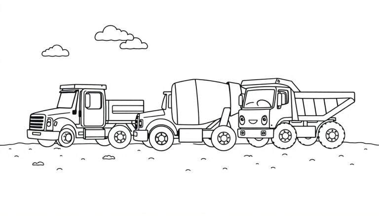 A fun color panel featuring three smiling construction trucks: a pickup, a cement mixer, and a dump truck, on a hilly landscape under two clouds.