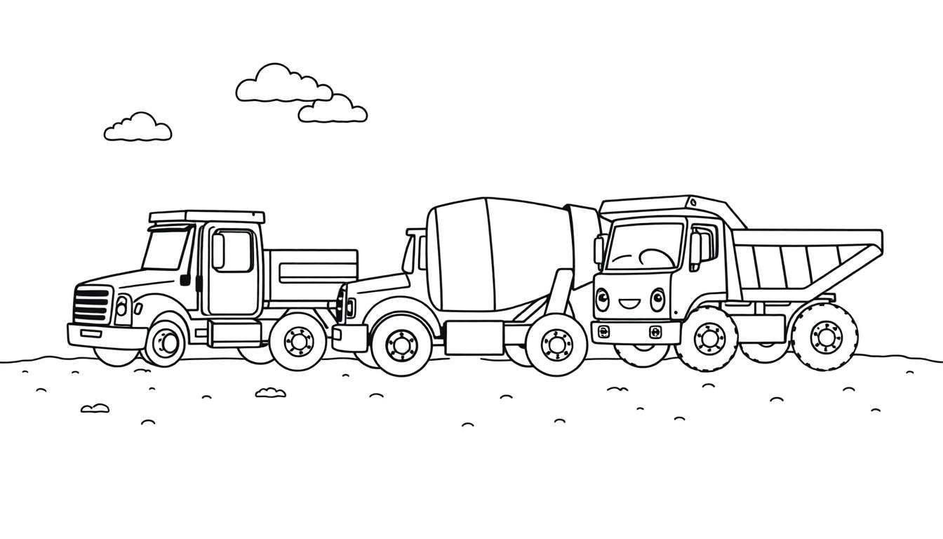 A fun color panel featuring three smiling construction trucks: a pickup, a cement mixer, and a dump truck, on a hilly landscape under two clouds.