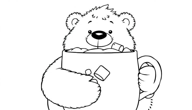 A fluffy bear coloring page holding a giant mug with marshmallows.