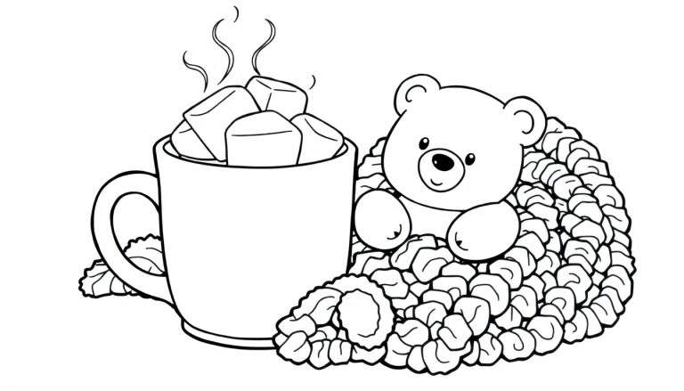 A cute teddy bear snuggled in a blanket next to a steaming mug of hot chocolate with marshmallows, ready for coloring on this color panel.
