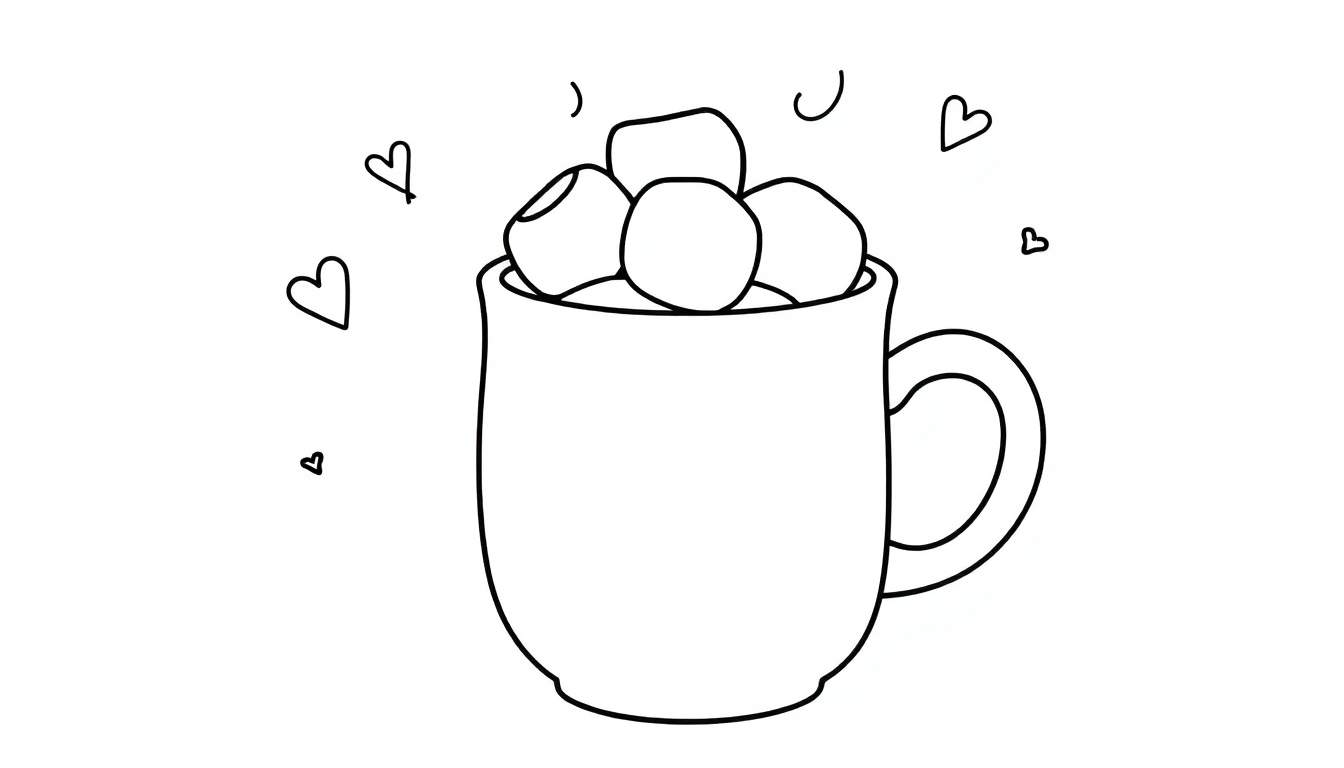 A cute cup of steaming hot chocolate with marshmallows, ready for a cozy coloring adventure! Black and white line art for kids. This is a color panel.
