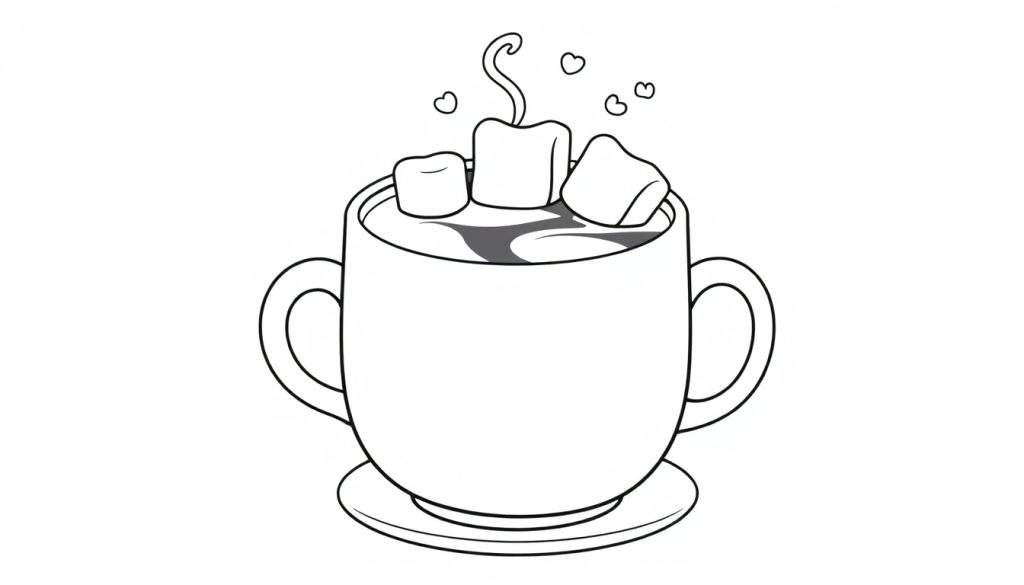A cute steaming mug of hot chocolate with marshmallows, ready for a color panel.