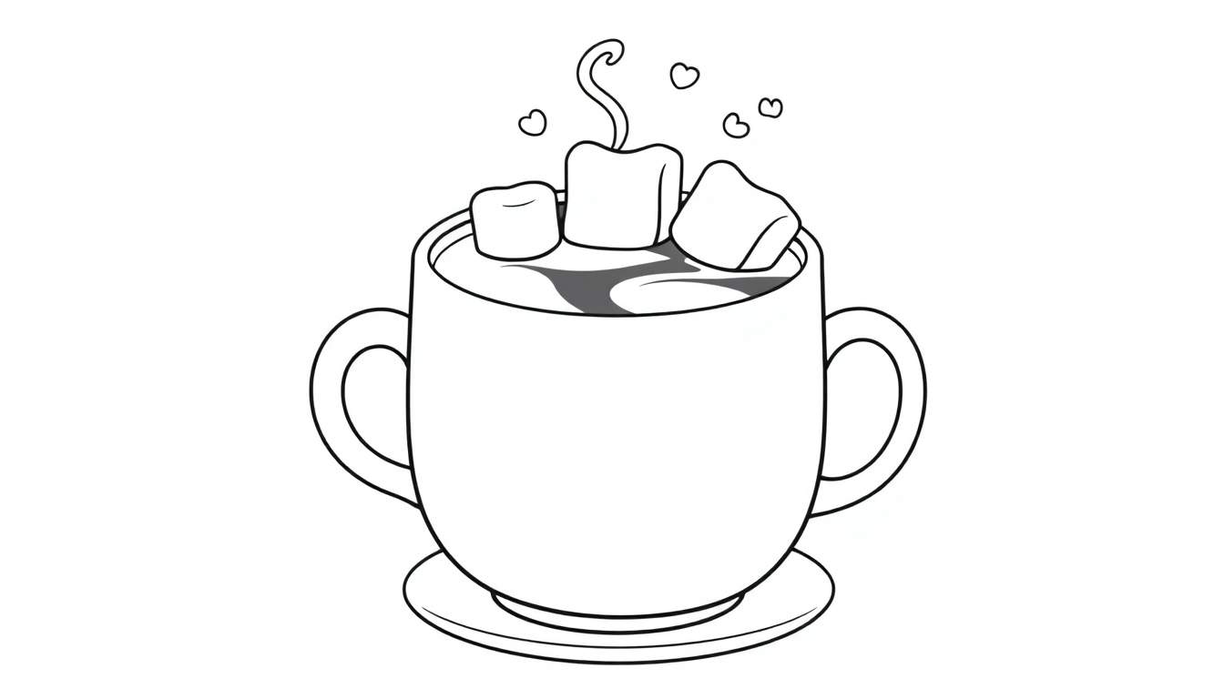 A cute steaming mug of hot chocolate with marshmallows, ready for a color panel.