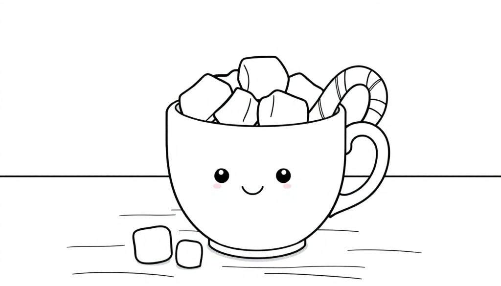Cute black and white mug with a face, filled with marshmallows and a candy cane, on a plain background. A fun color panel for kids.