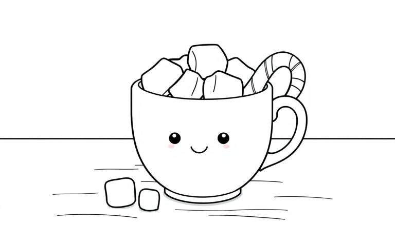 Cute black and white mug with a face, filled with marshmallows and a candy cane, on a plain background. A fun color panel for kids.
