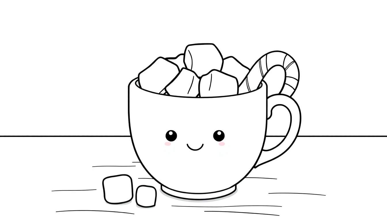 Cute black and white mug with a face, filled with marshmallows and a candy cane, on a plain background. A fun color panel for kids.