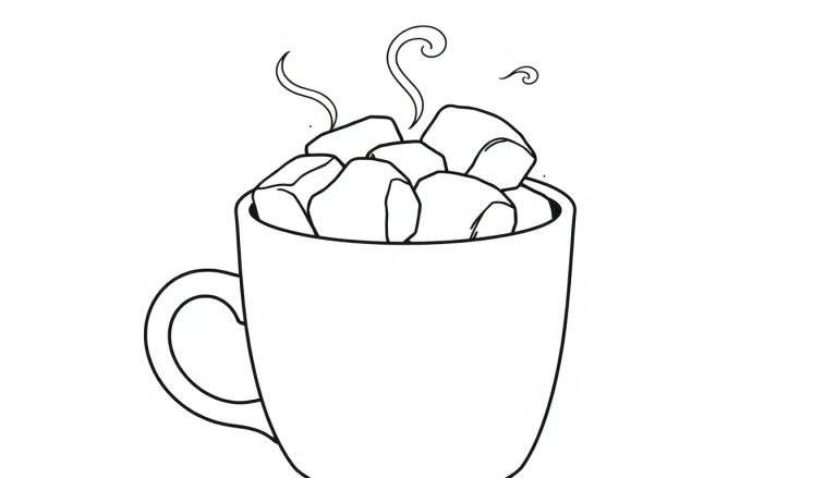 A cute black and white coloring panel of a steaming mug overflowing with marshmallows.