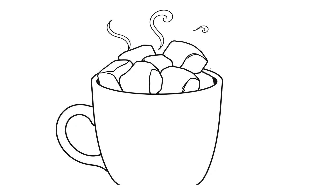 A cute black and white coloring panel of a steaming mug overflowing with marshmallows.