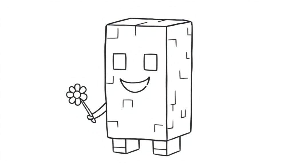 A cute Creeper from Minecraft smiling and holding a flower, on a black and white color panel.