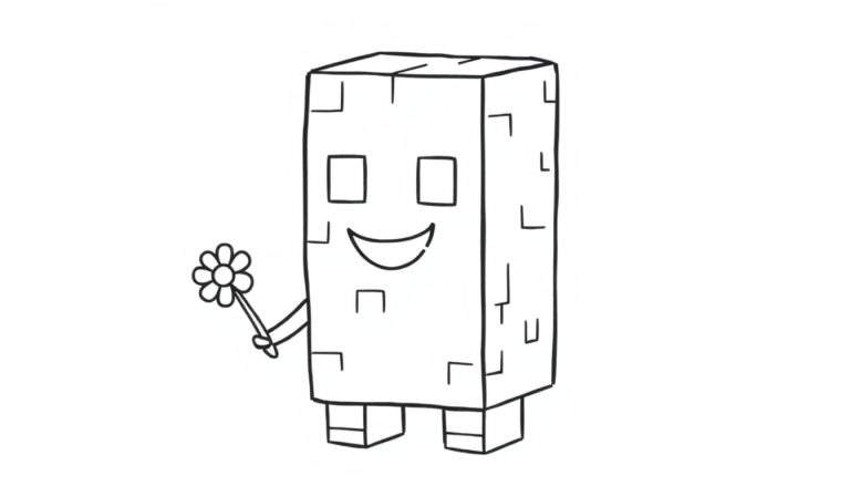 A cute Creeper from Minecraft smiling and holding a flower, on a black and white color panel.