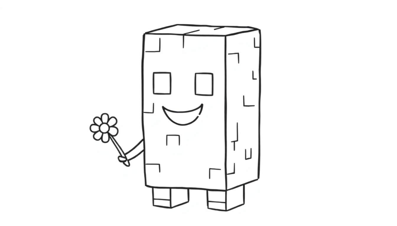 A cute Creeper from Minecraft smiling and holding a flower, on a black and white color panel.