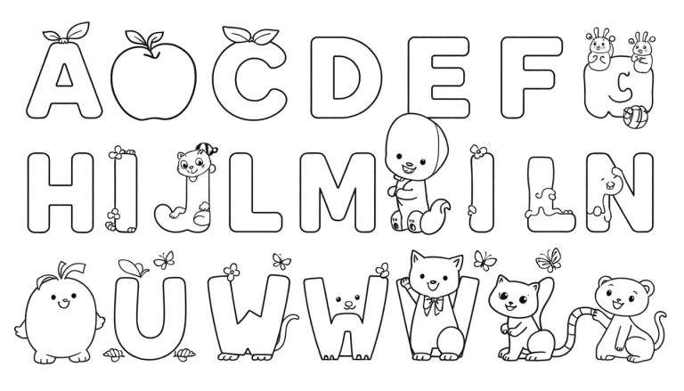 Color panel of the alphabet from A to Z with cartoon drawings, outlined in black and filled with white space for coloring. Each letter has a related object, animal, or scene.