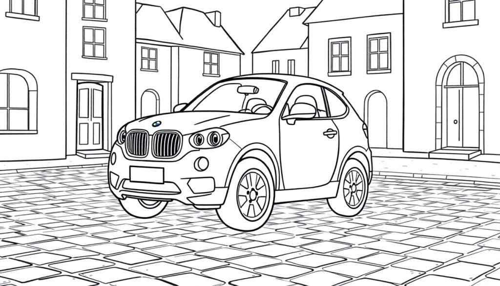 A black and white drawing of a BMW car on a cobblestone street, a fun color panel.