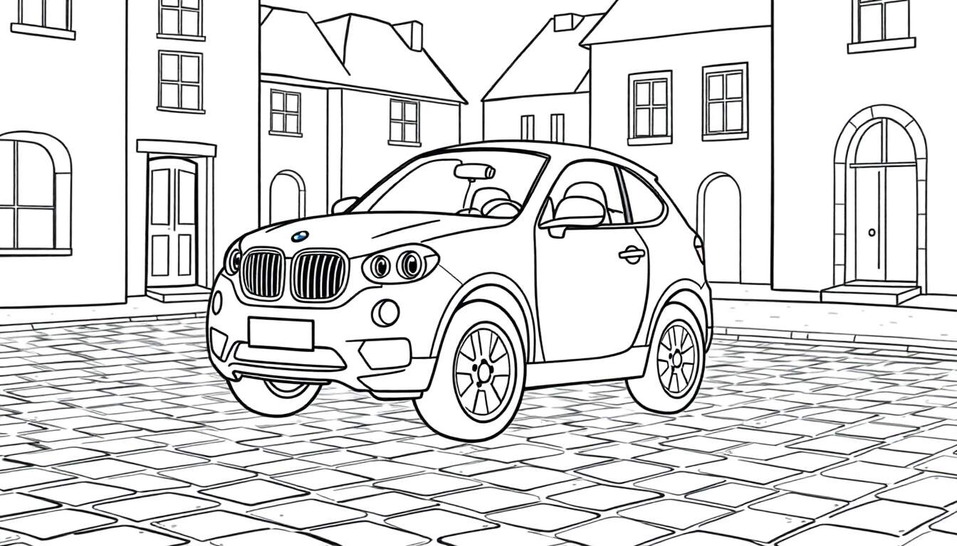 A black and white drawing of a BMW car on a cobblestone street, a fun color panel.