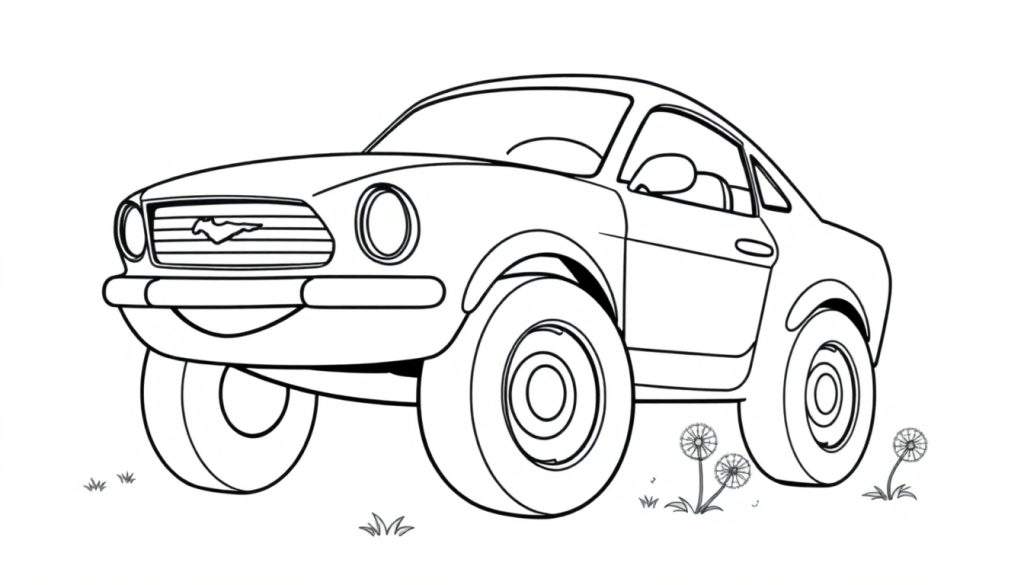 A black and white cartoon drawing of a classic car, perfect for a color panel.