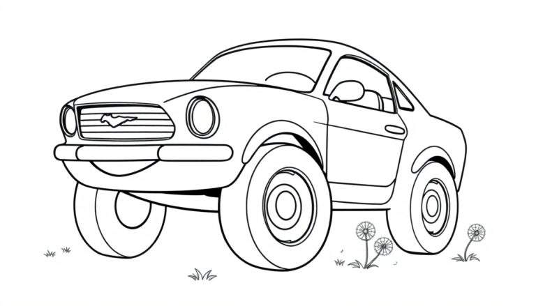 A black and white cartoon drawing of a classic car, perfect for a color panel.