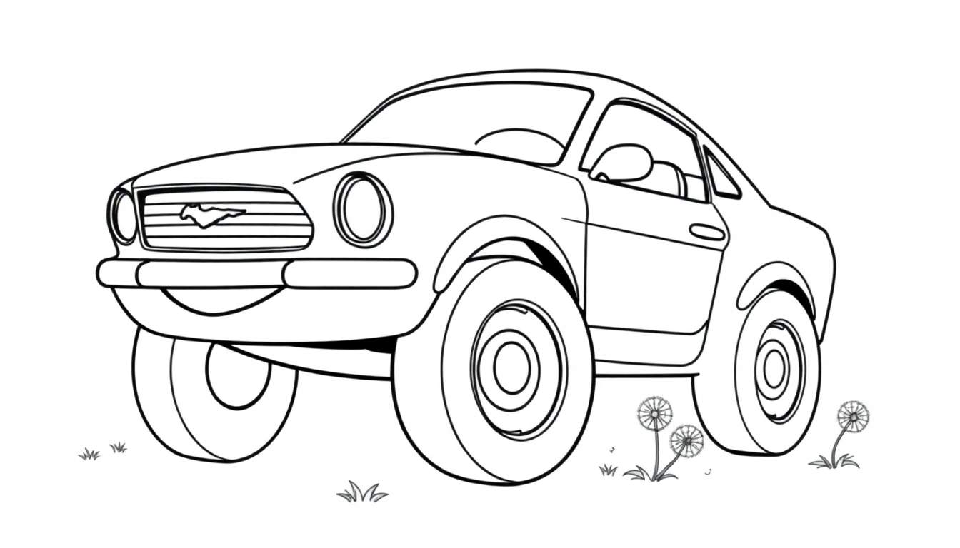 A black and white cartoon drawing of a classic car, perfect for a color panel.