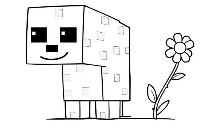 A cute black and white outline of a Minecraft Creeper holding a flower, ready for coloring. A fun color panel!
