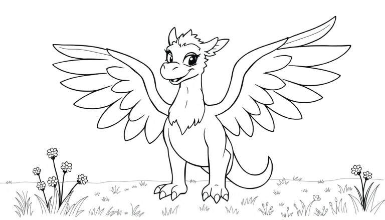 A cute winged dragon ready for kids to color in this adorable color panel.