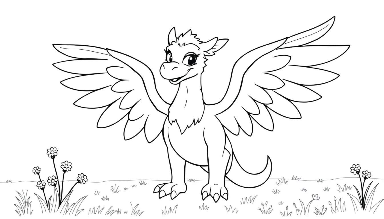 A cute winged dragon ready for kids to color in this adorable color panel.
