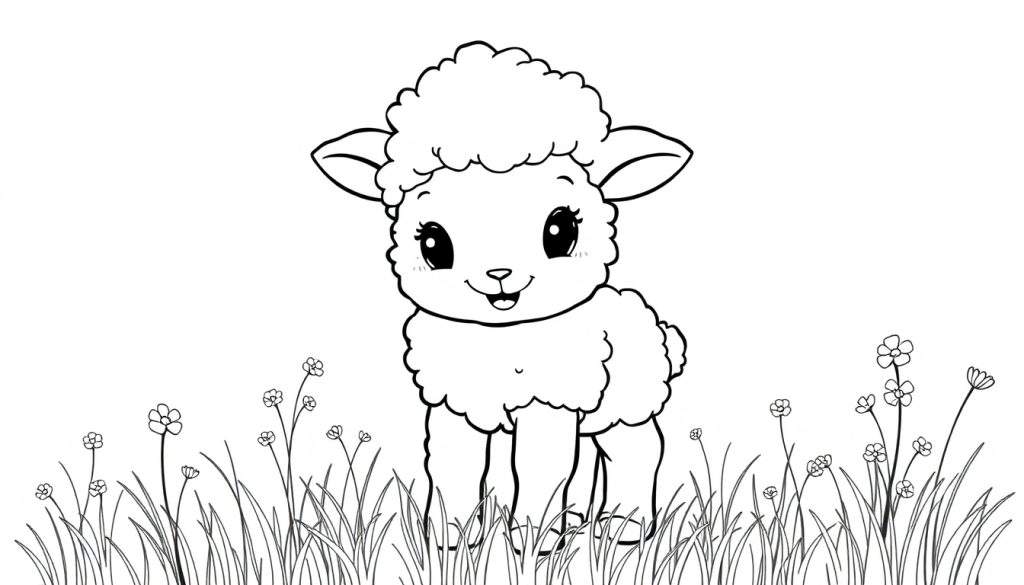 A cute lamb in a field of grass and flowers, ready for color panel fun.
