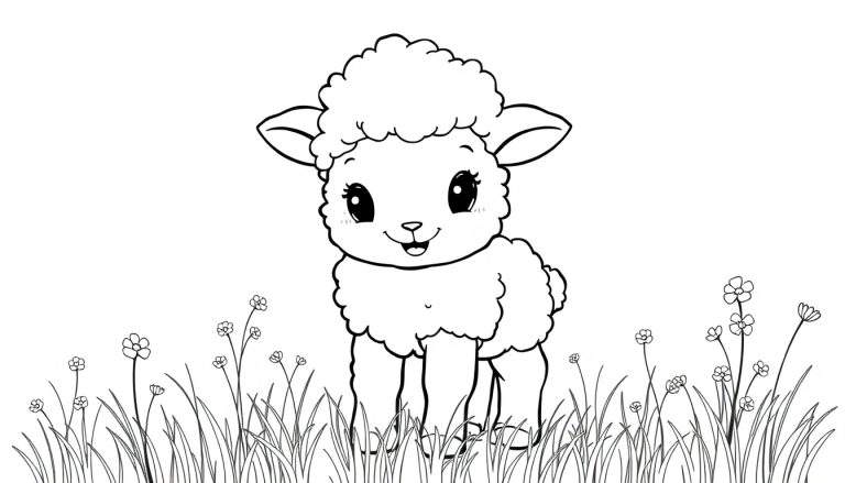 A cute lamb in a field of grass and flowers, ready for color panel fun.