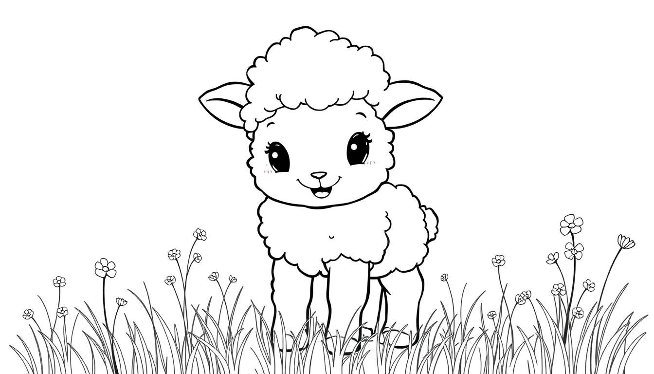 A cute lamb in a field of grass and flowers, ready for color panel fun.