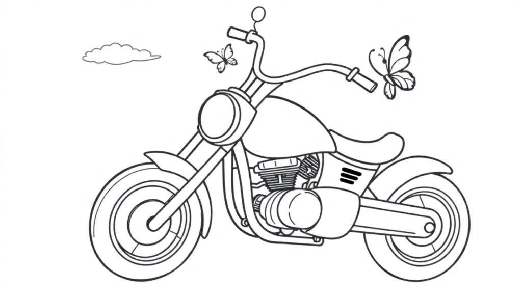 A cute cartoon motorbike with big wheels and friendly headlights, ready for a color panel.
