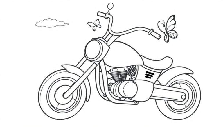 A cute cartoon motorbike with big wheels and friendly headlights, ready for a color panel.