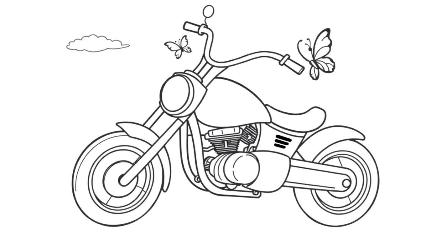A cute cartoon motorbike with big wheels and friendly headlights, ready for a color panel.
