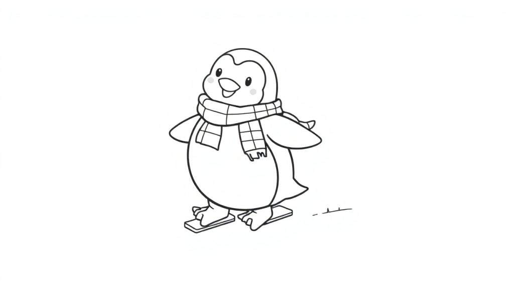 A cute penguin with a scarf ice skating, presented as a color panel.