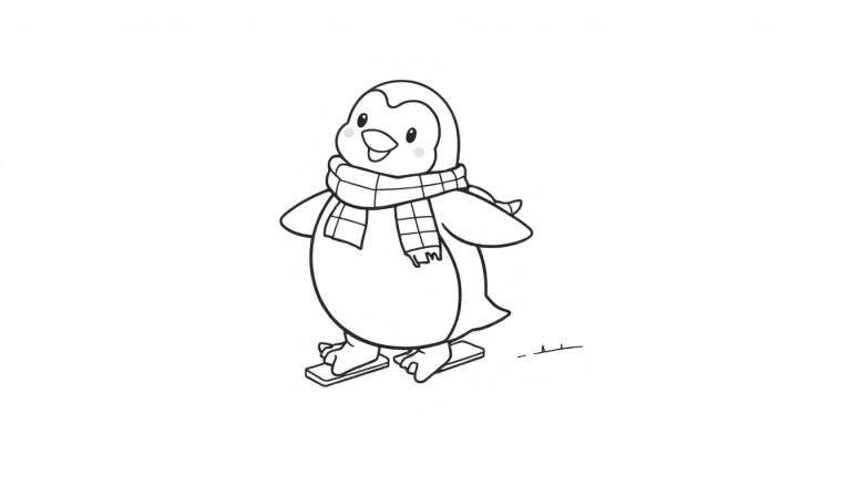 A cute penguin with a scarf ice skating, presented as a color panel.