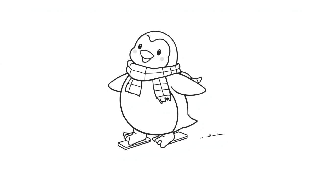 A cute penguin with a scarf ice skating, presented as a color panel.