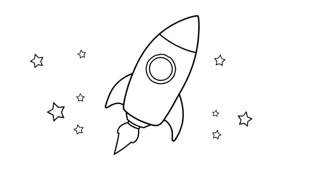 A cute cartoon rocket ready for blast off, a perfect coloring panel for space adventures.