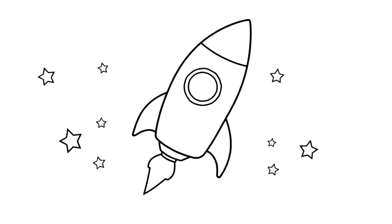 A cute cartoon rocket ready for blast off, a perfect coloring panel for space adventures.