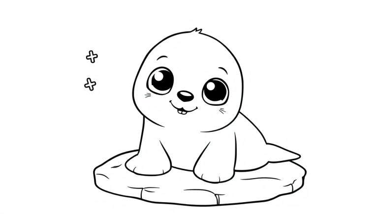 A cute baby seal with big eyes and a smile on an ice floe, ready for coloring in this color panel.