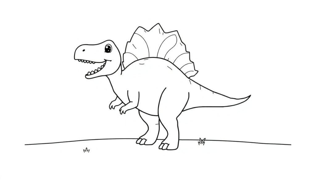 A cute Spinosaurus with a big sail on its back, ready for coloring! Black and white illustration for kids color panel.