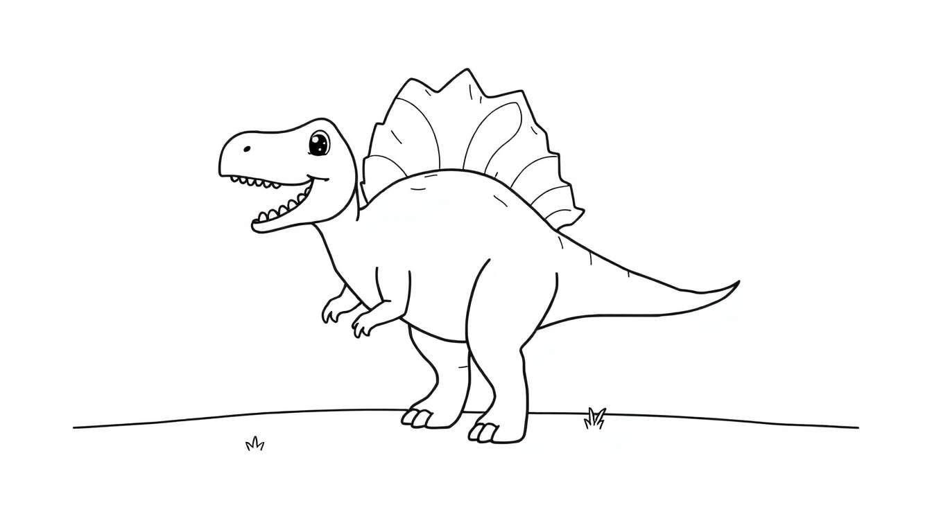 A cute Spinosaurus with a big sail on its back, ready for coloring! Black and white illustration for kids color panel.