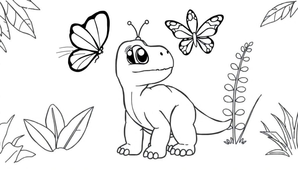 A cute baby T-Rex with butterfly wings on its head, surrounded by plants and two butterflies, in a black and white coloring panel.