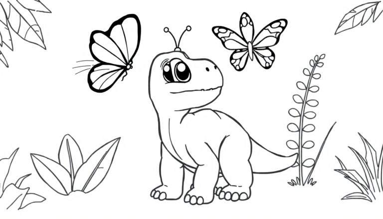 A cute baby T-Rex with butterfly wings on its head, surrounded by plants and two butterflies, in a black and white coloring panel.